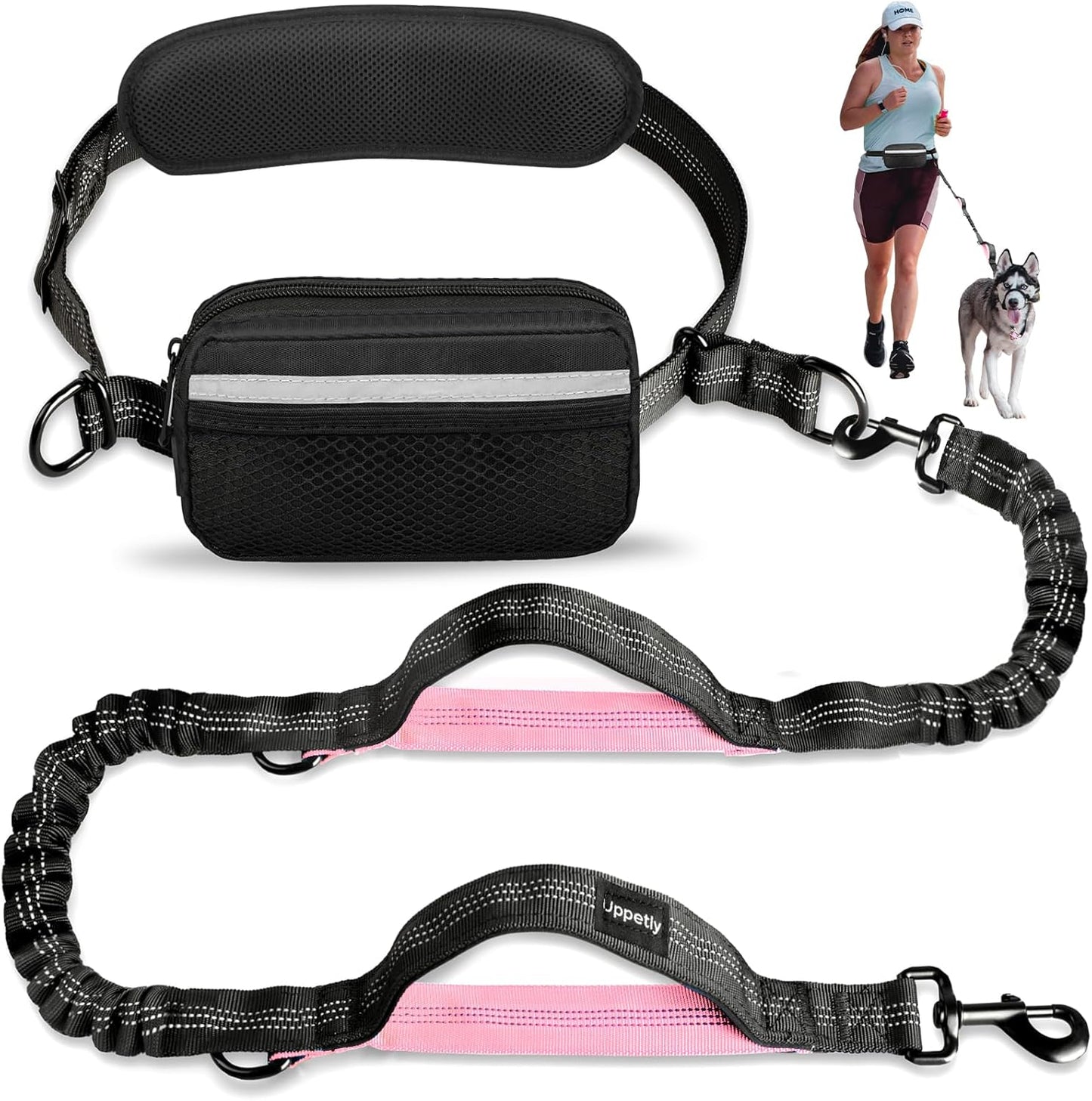 Hands Free Dog Running Leash with Waist Belt, Dual Handle Elastic Bungees Retractable Rope for Medium and Large Dogs, Reflective Stitches for Walking Hiking Biking (Large Pink, 25-120Lb