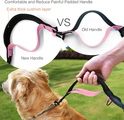 Hands Free Dog Running Leash with Waist Belt, Dual Handle Elastic Bungees Retractable Rope for Medium and Large Dogs, Reflective Stitches for Walking Hiking Biking (Large Pink, 25-120Lb